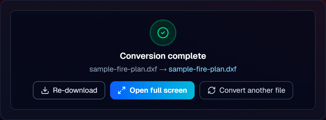 DWG to DXF Converter after uploading a sample drawing in CadPeek