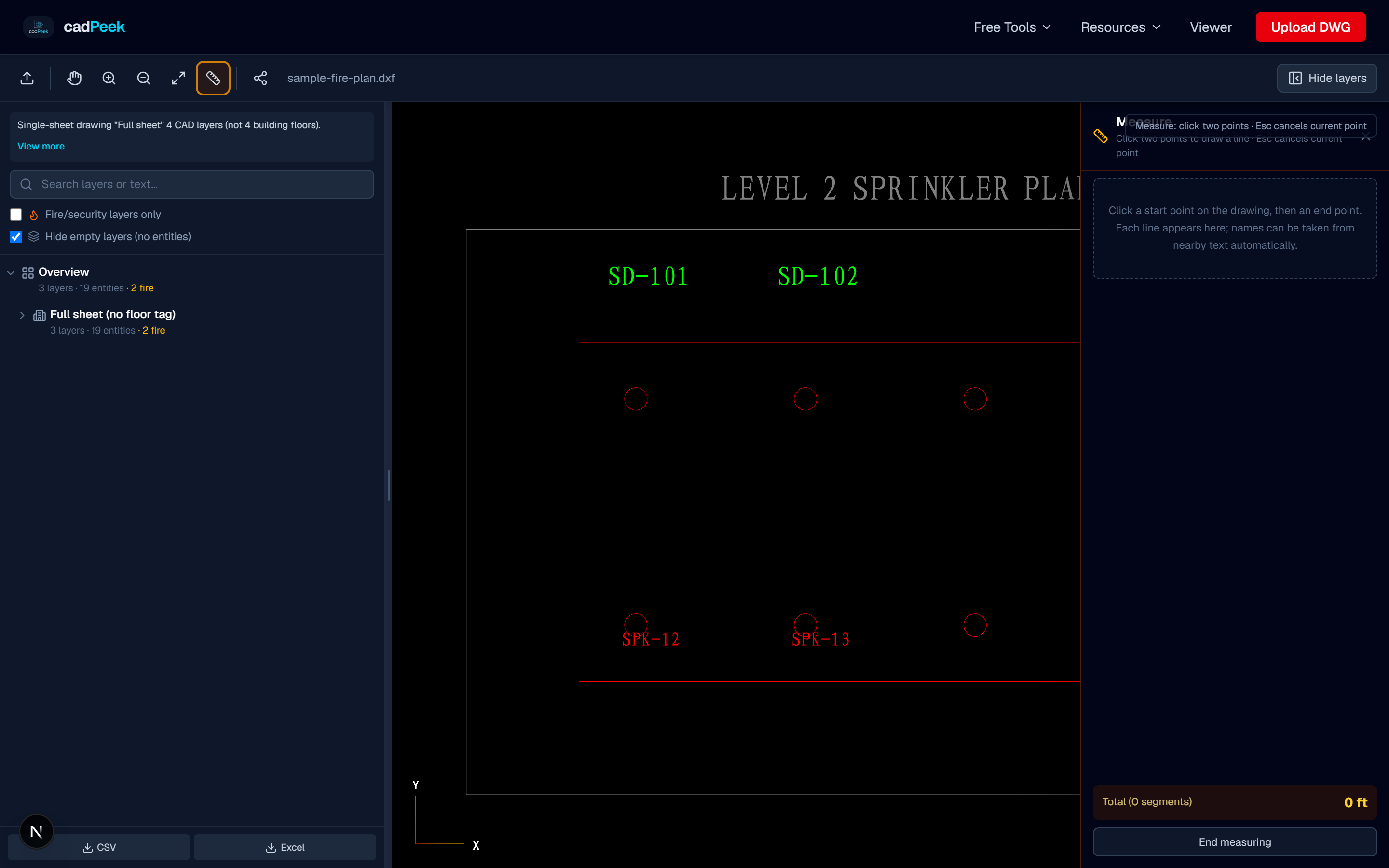 Measure CAD Drawing Online after uploading a sample drawing in CadPeek